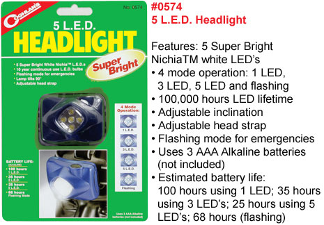 Фонарь налобный с 5-ю светодиодами Coghlan\'s 5 LED Headlight 0574